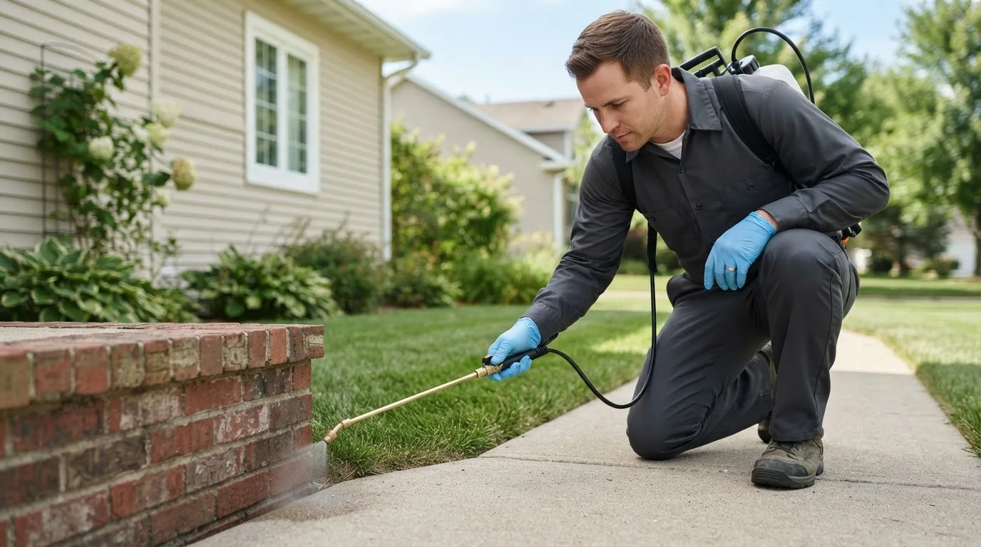 Pest control technician treating a home near Marriottsville, MD